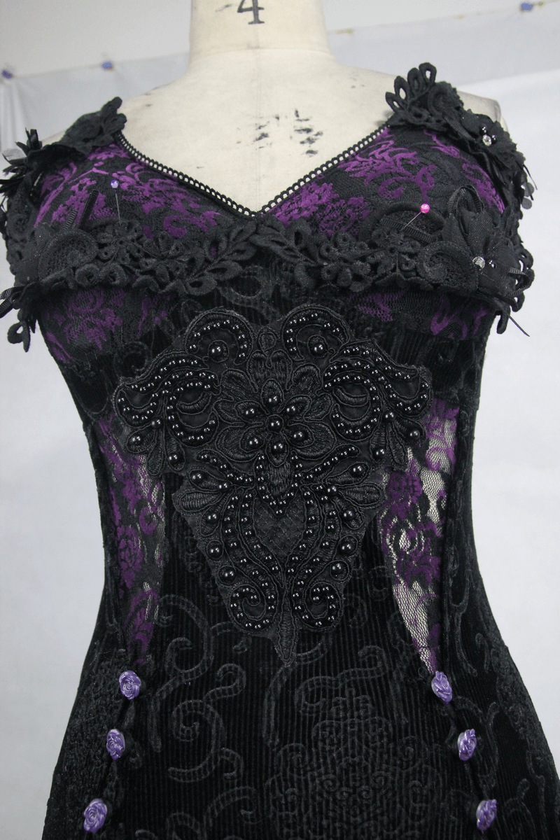 Black And Purple Sexy Gothic Lace Dress / Long Dress With Decorative Roses and Lacing - image 7