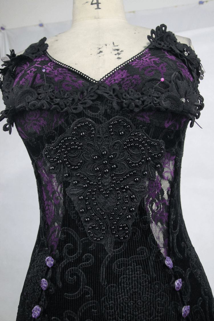 Black And Purple Sexy Gothic Lace Dress / Long Dress With Decorative Roses and Lacing - image 7