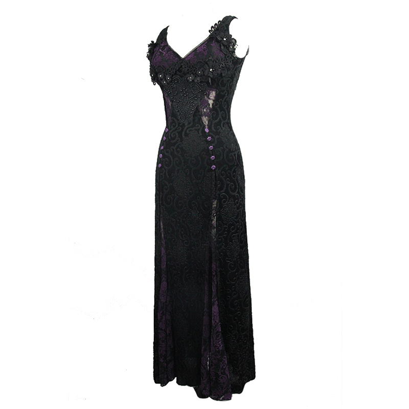 Black And Purple Sexy Gothic Lace Dress / Long Dress With Decorative Roses and Lacing - image 4