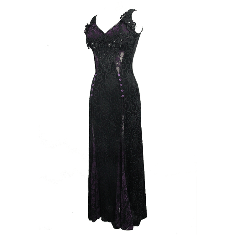 Black And Purple Sexy Gothic Lace Dress / Long Dress With Decorative Roses and Lacing - image 4