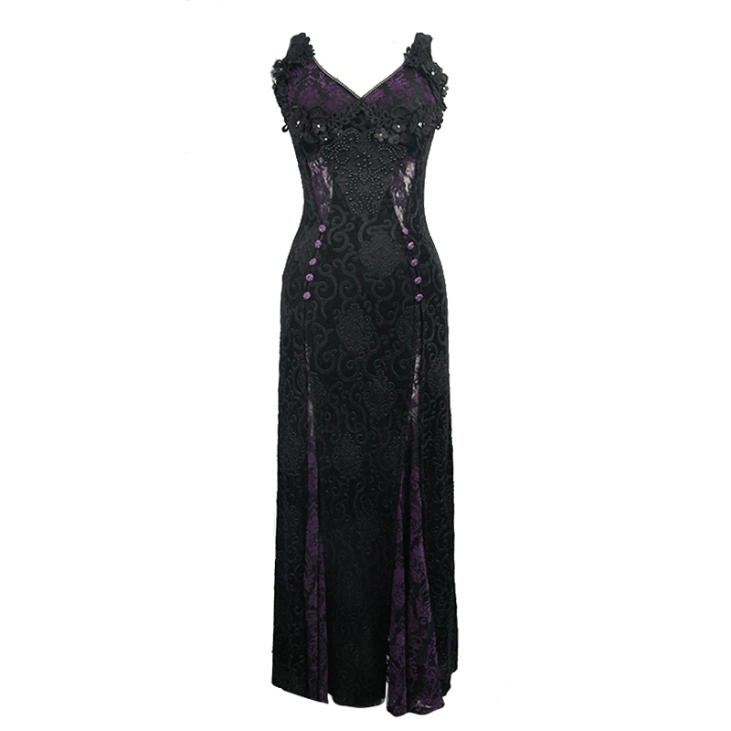 Black And Purple Sexy Gothic Lace Dress / Long Dress With Decorative Roses and Lacing - image 3