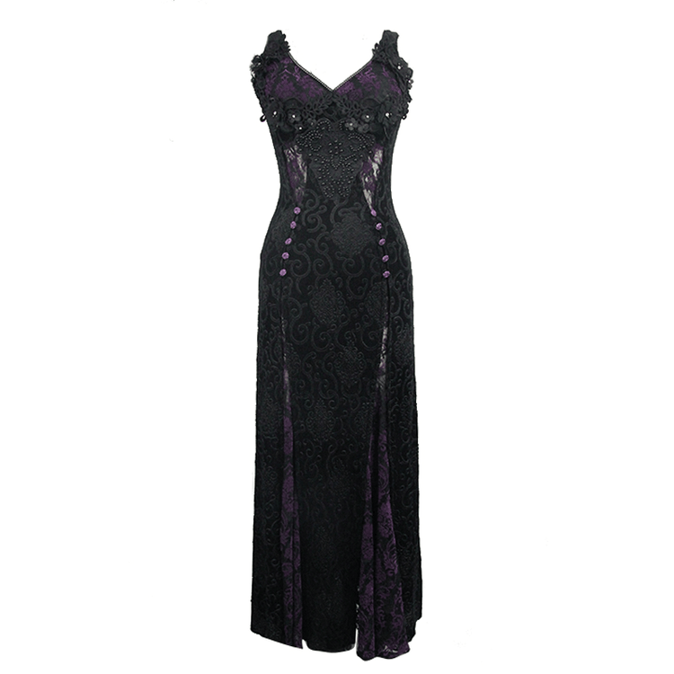 Black And Purple Sexy Gothic Lace Dress / Long Dress With Decorative Roses and Lacing - image 3