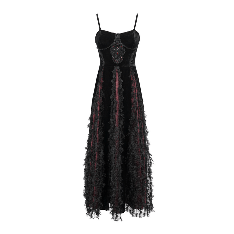 Black And Red Gothic Velvet Long Dress / Women's Lace Dress with Lacing at The Back - image 3