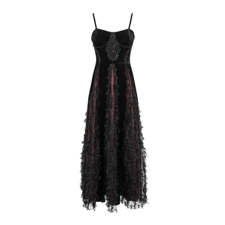 Black And Red Gothic Velvet Long Dress / Women's Lace Dress with Lacing at The Back - image 3