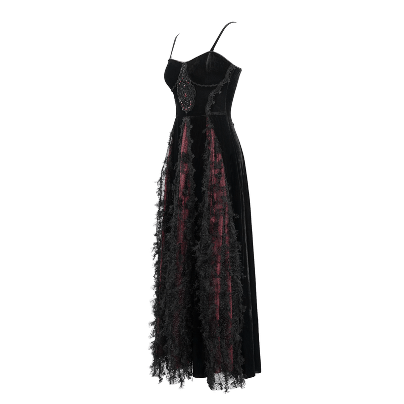 Black And Red Gothic Velvet Long Dress / Women's Lace Dress with Lacing at The Back - image 4