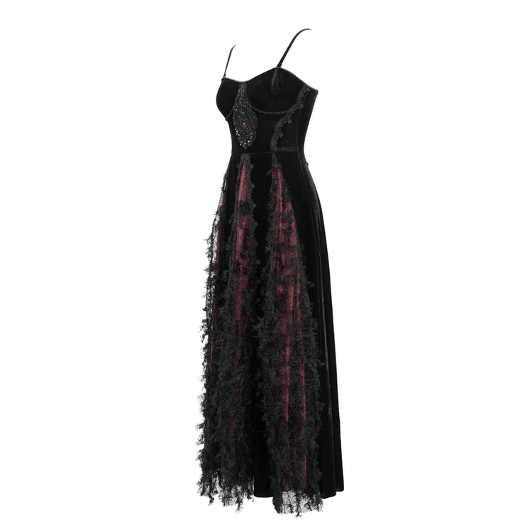 Black And Red Gothic Velvet Long Dress / Women's Lace Dress with Lacing at The Back - image 4