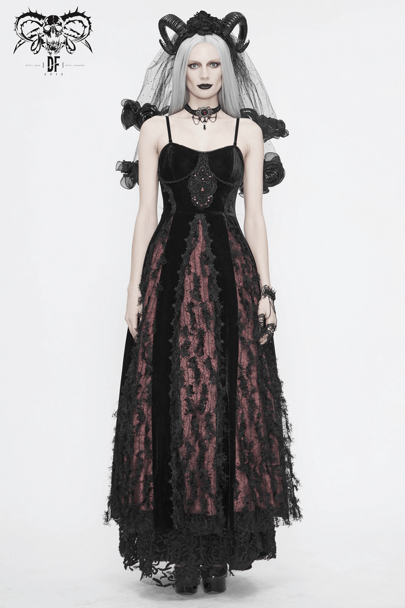 Black And Red Gothic Velvet Long Dress / Women's Lace Dress with Lacing at The Back - image 17