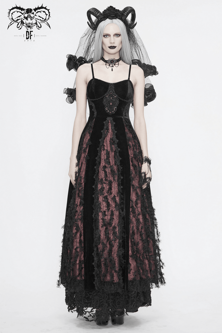 Black And Red Gothic Velvet Long Dress / Women's Lace Dress with Lacing at The Back - image 17