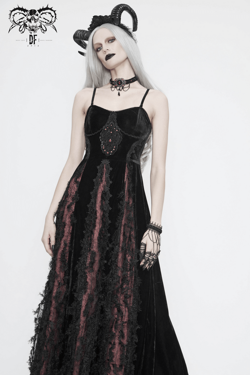 Black And Red Gothic Velvet Long Dress / Women's Lace Dress with Lacing at The Back - image 15