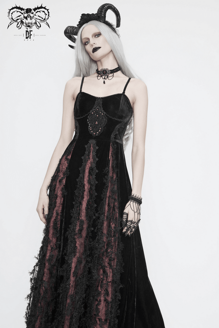 Black And Red Gothic Velvet Long Dress / Women's Lace Dress with Lacing at The Back - image 15