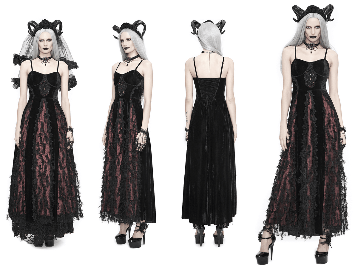 Black And Red Gothic Velvet Long Dress / Women's Lace Dress with Lacing at The Back - image 22