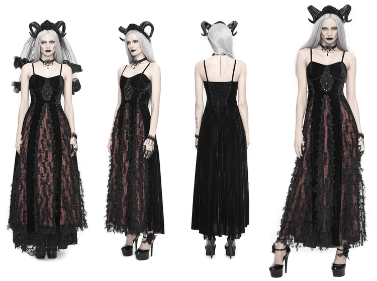 Black And Red Gothic Velvet Long Dress / Women's Lace Dress with Lacing at The Back - image 22