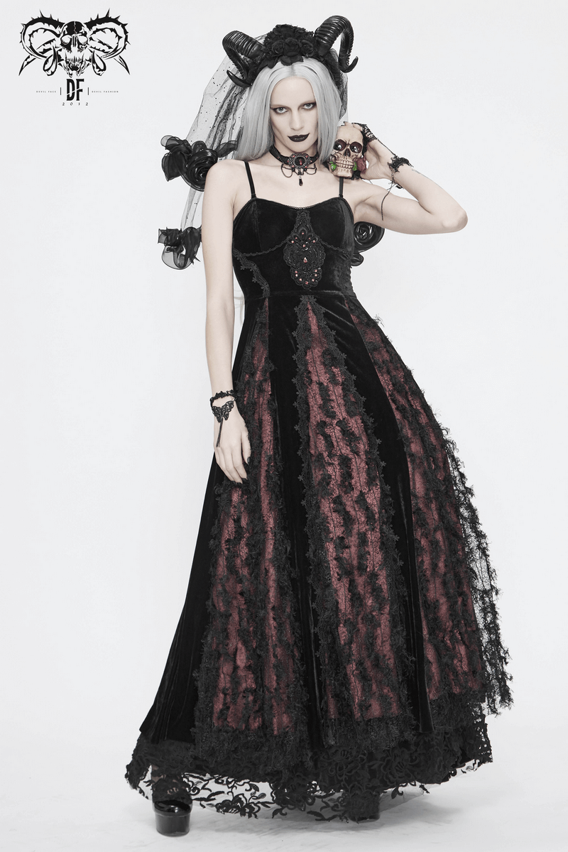 Black And Red Gothic Velvet Long Dress / Women's Lace Dress with Lacing at The Back - image 18