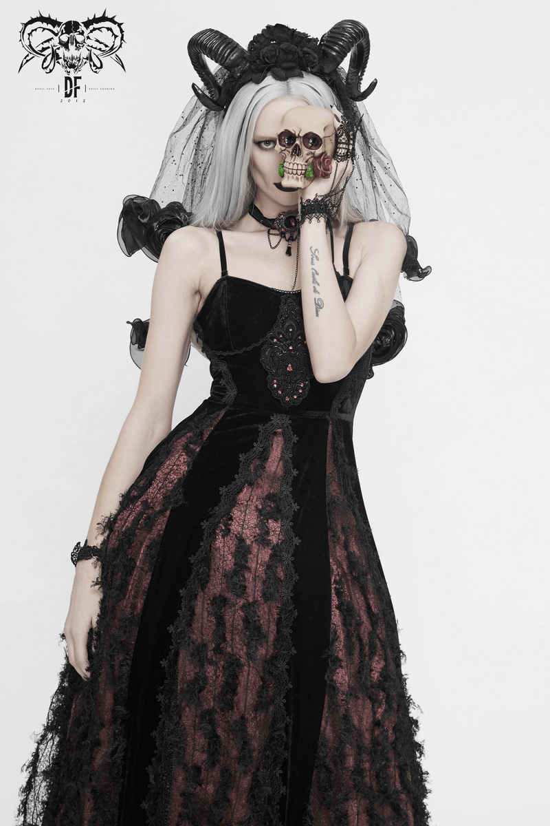 Black And Red Gothic Velvet Long Dress / Women's Lace Dress with Lacing at The Back - image 14