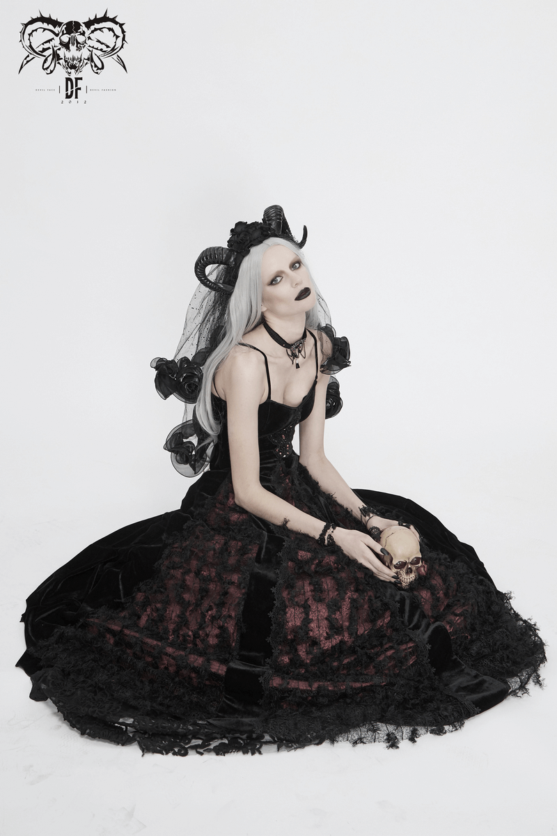 Black And Red Gothic Velvet Long Dress / Women's Lace Dress with Lacing at The Back - image 13