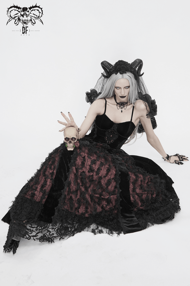 Black And Red Gothic Velvet Long Dress / Women's Lace Dress with Lacing at The Back - image 12