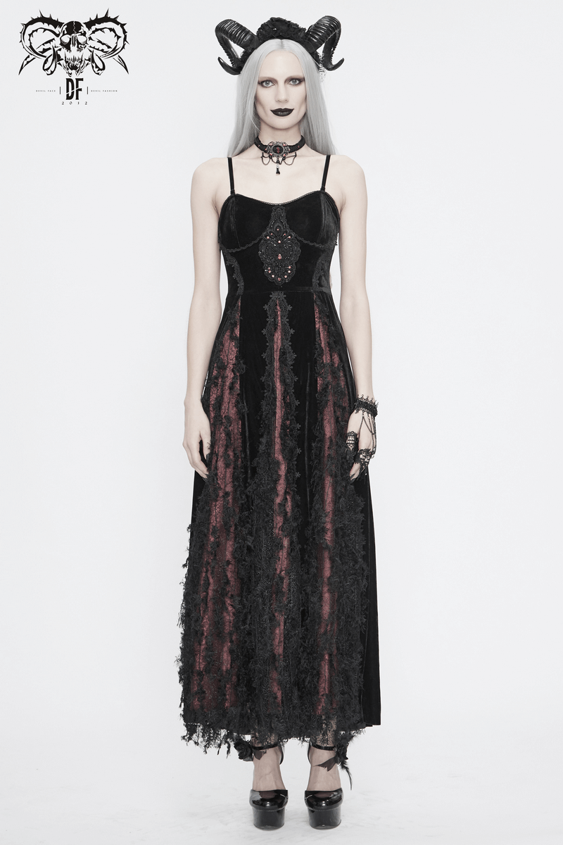 Black And Red Gothic Velvet Long Dress / Women's Lace Dress with Lacing at The Back - image 16