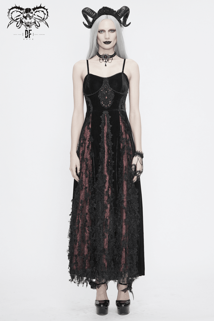 Black And Red Gothic Velvet Long Dress / Women's Lace Dress with Lacing at The Back - image 16
