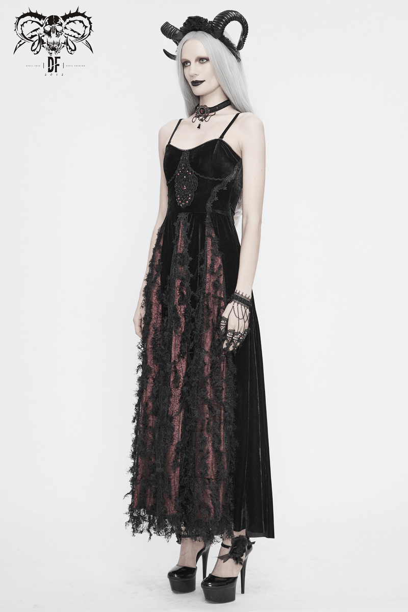 Black And Red Gothic Velvet Long Dress / Women's Lace Dress with Lacing at The Back - image 20