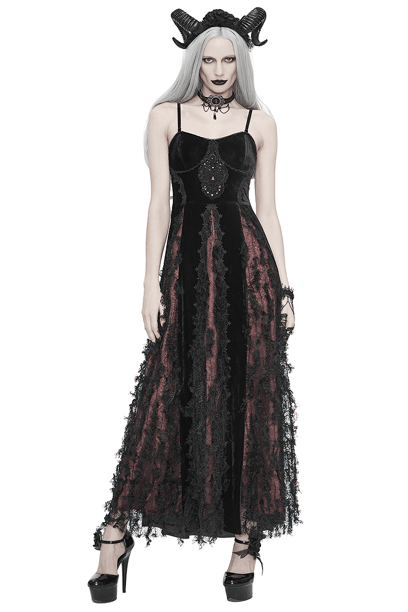 Black And Red Gothic Velvet Long Dress / Women's Lace Dress with Lacing at The Back - image 1