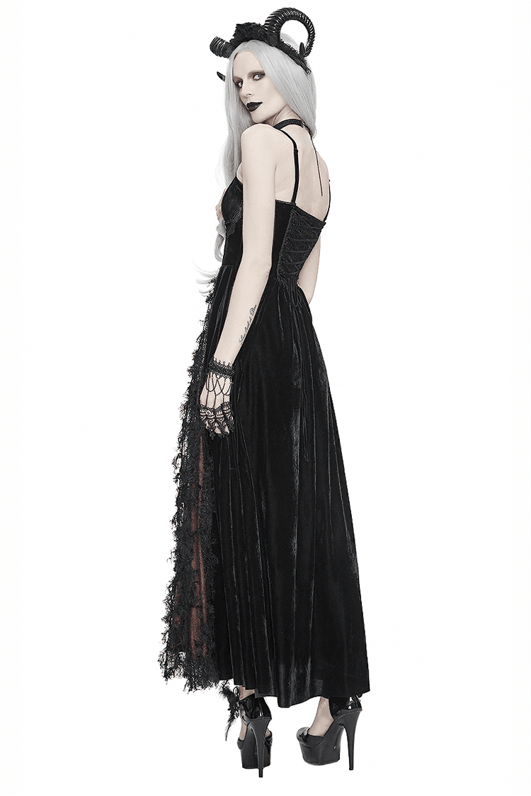 Black And Red Gothic Velvet Long Dress / Women's Lace Dress with Lacing at The Back - image 2