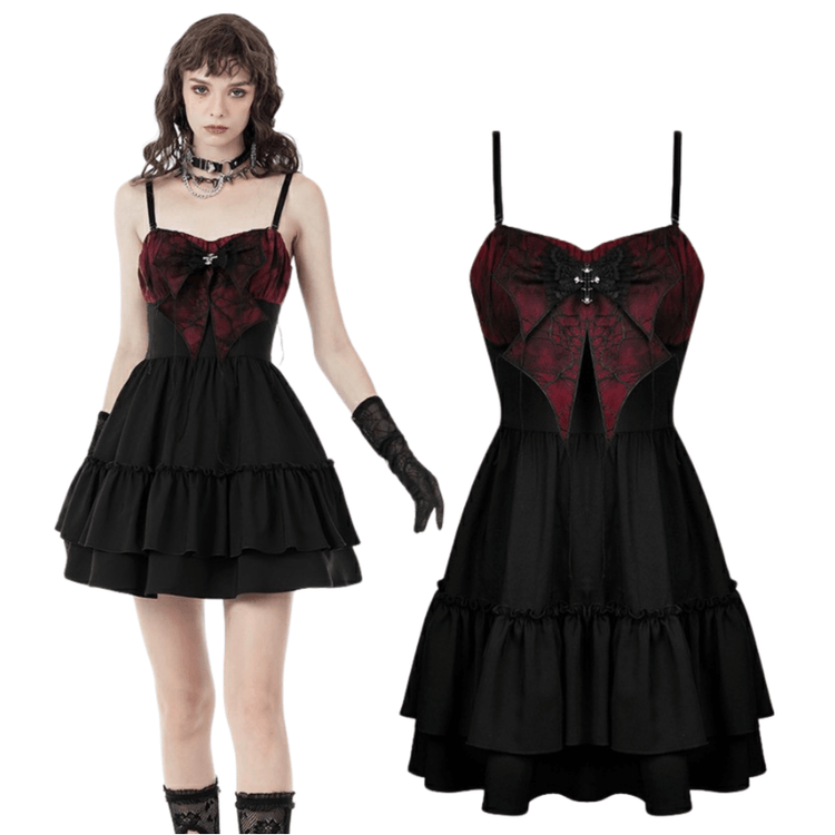 Black And Red Spiderweb Print Gothic Dress with Bow - image 3
