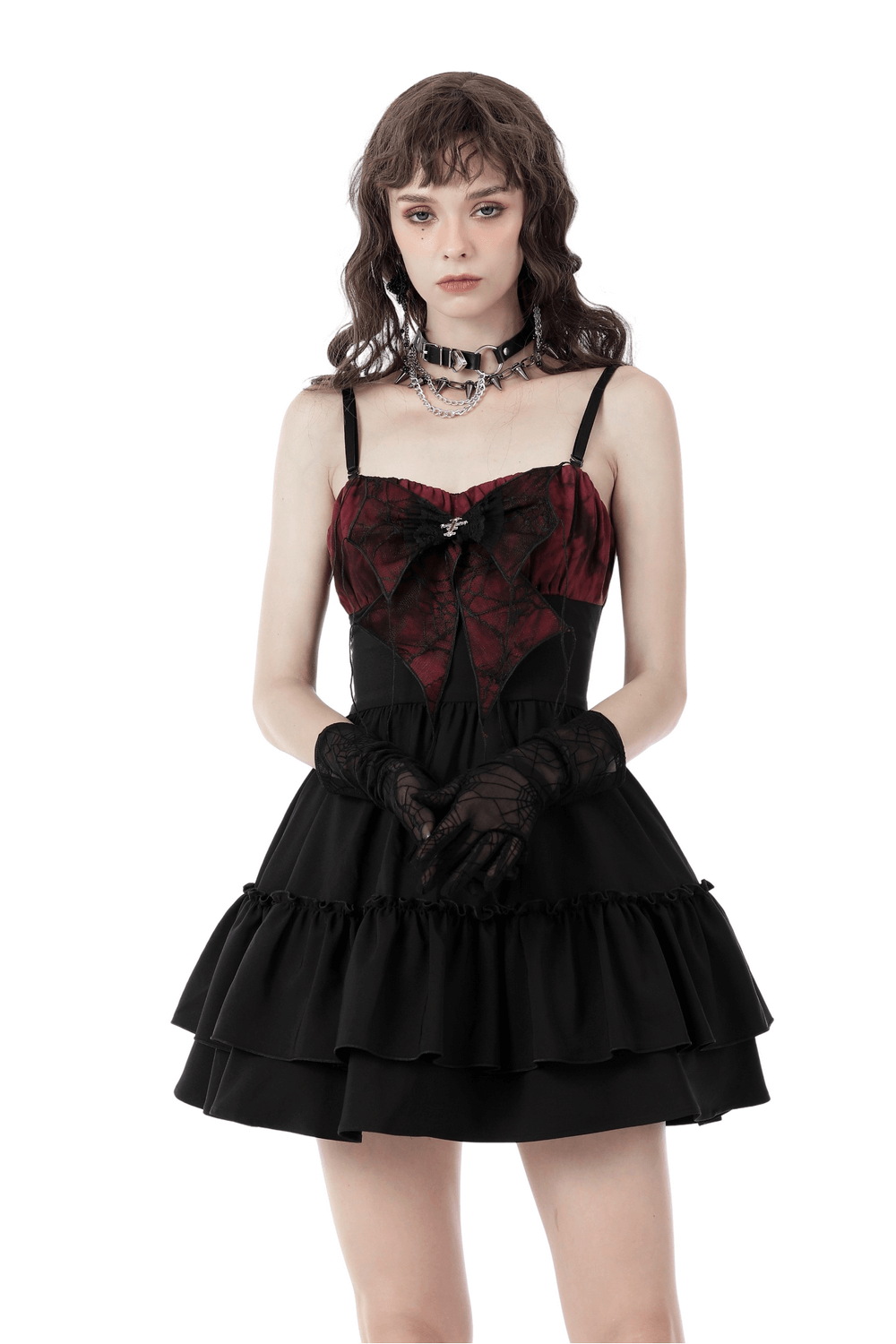 Black And Red Spiderweb Print Gothic Dress with Bow - image 1