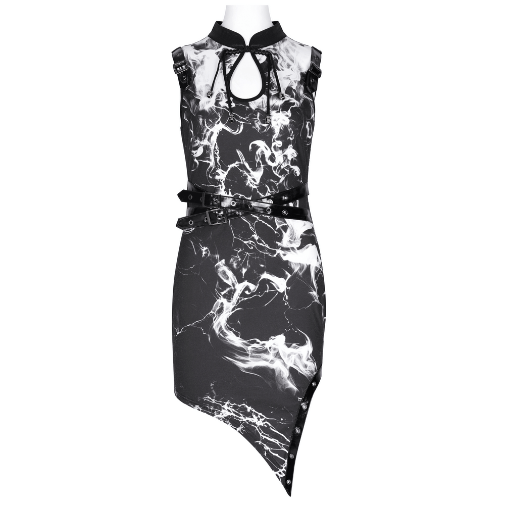Black and White Gothic Asymmetrical Dress with Buckles - image 3