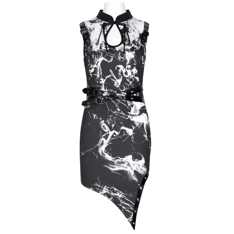 Black and White Gothic Asymmetrical Dress with Buckles - image 3