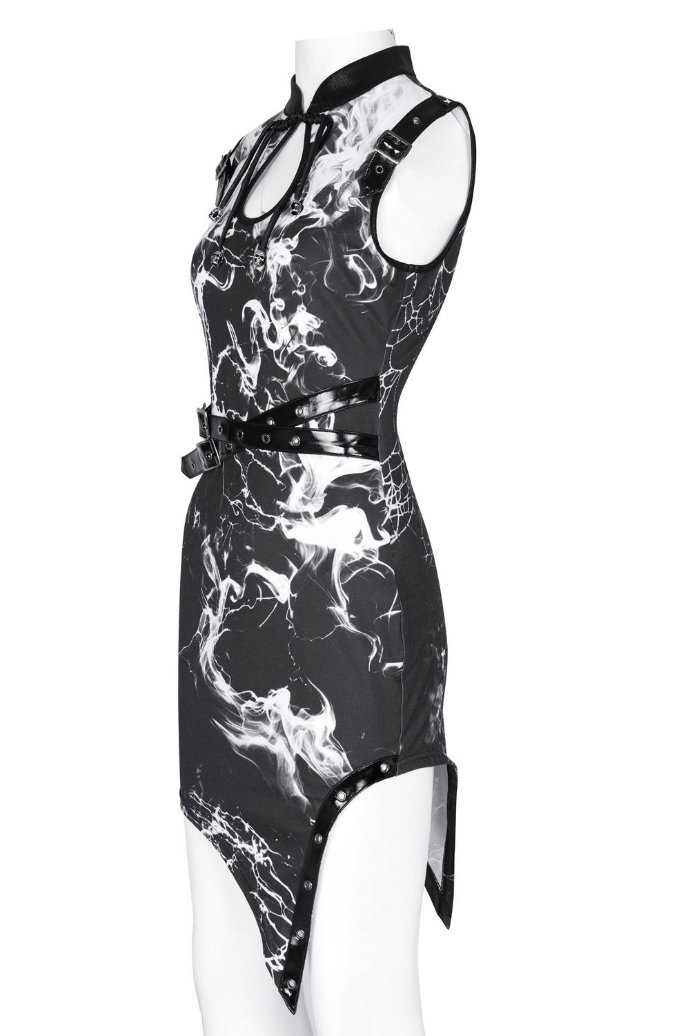Black and White Gothic Asymmetrical Dress with Buckles - image 4