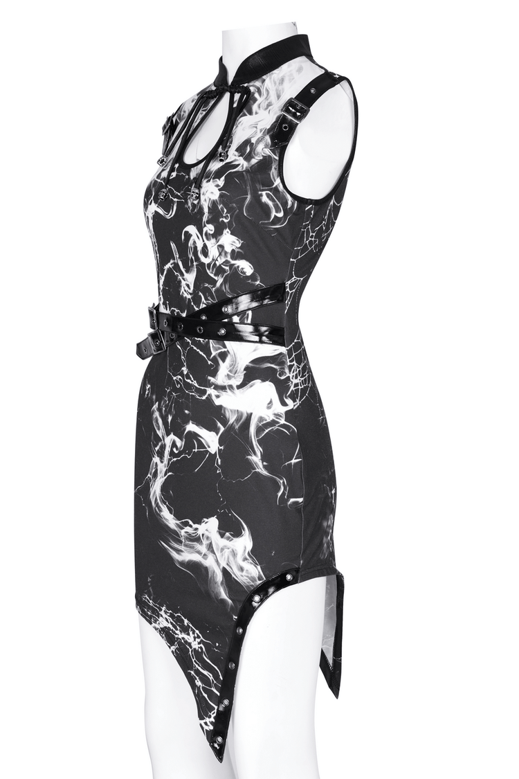 Black and White Gothic Asymmetrical Dress with Buckles - image 4