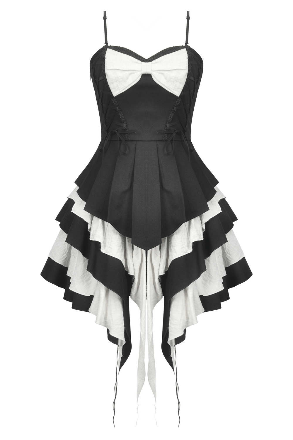 Black and White Ruffled Gothic Dress with Lace and Bow - image 4