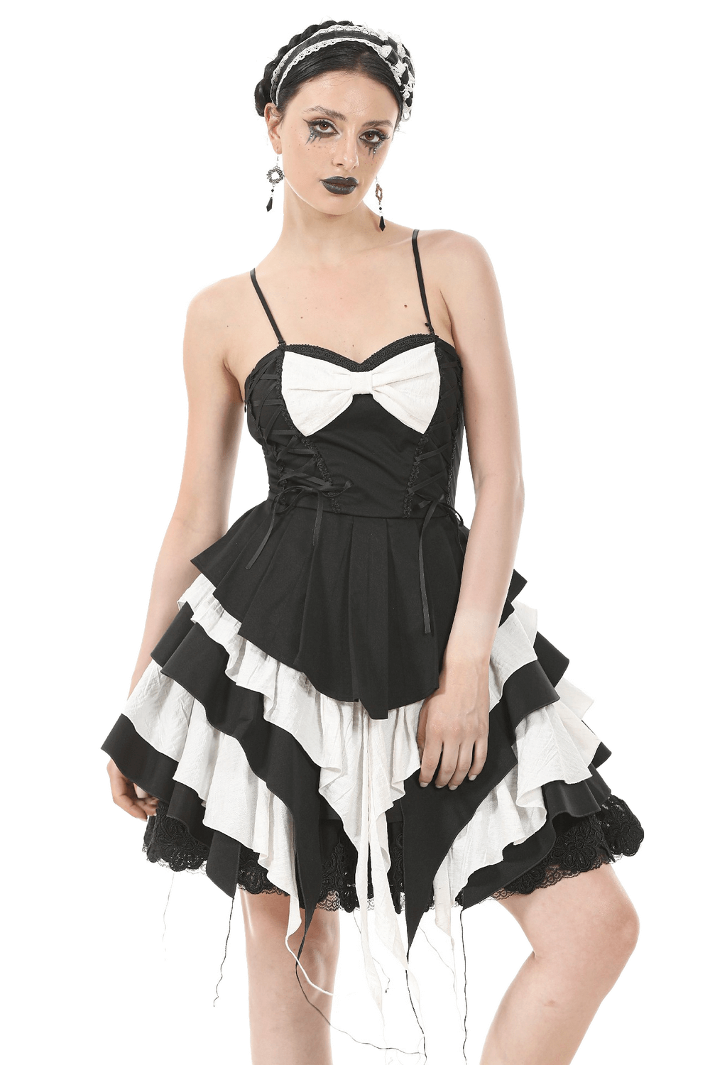 Black and White Ruffled Gothic Dress with Lace and Bow - image 1