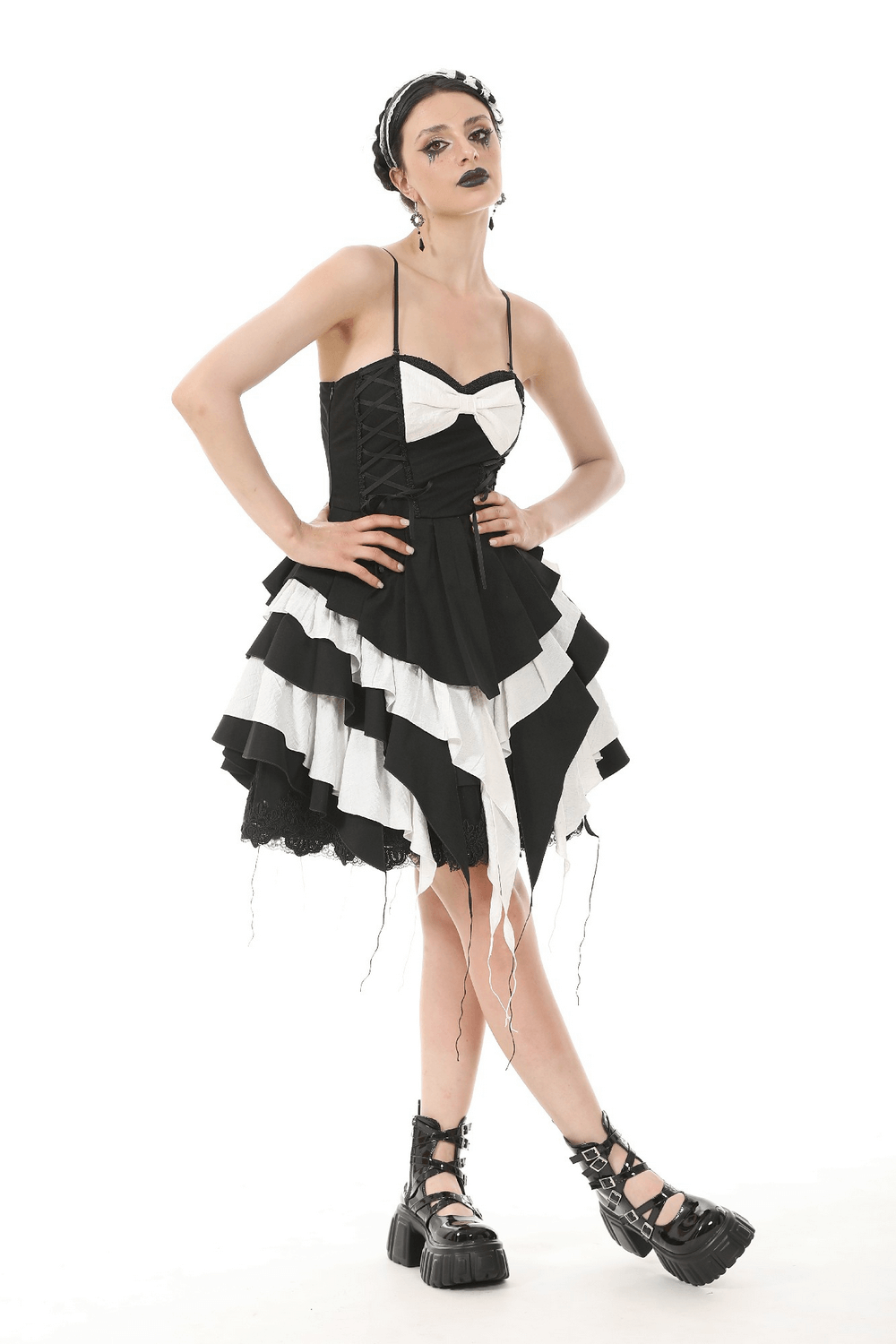 Black and White Ruffled Gothic Dress with Lace and Bow - image 11