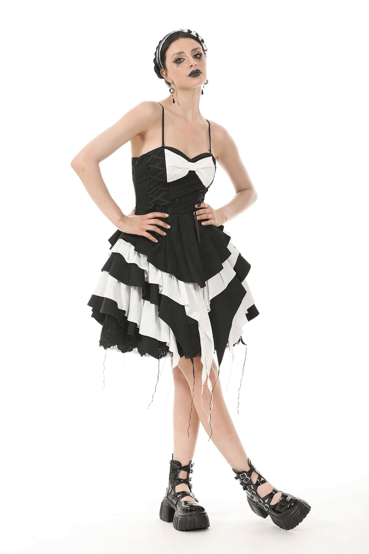 Black and White Ruffled Gothic Dress with Lace and Bow - image 11