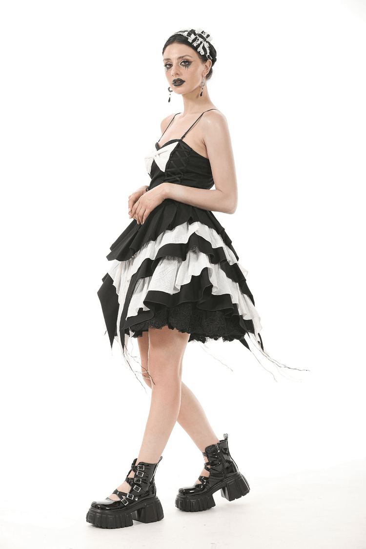 Black and White Ruffled Gothic Dress with Lace and Bow - image 12