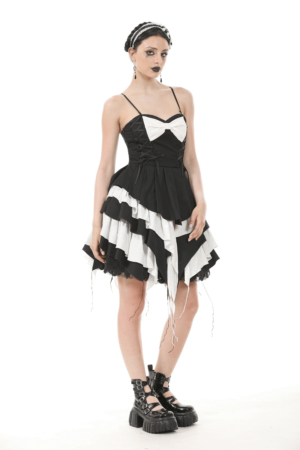 Black and White Ruffled Gothic Dress with Lace and Bow - image 13