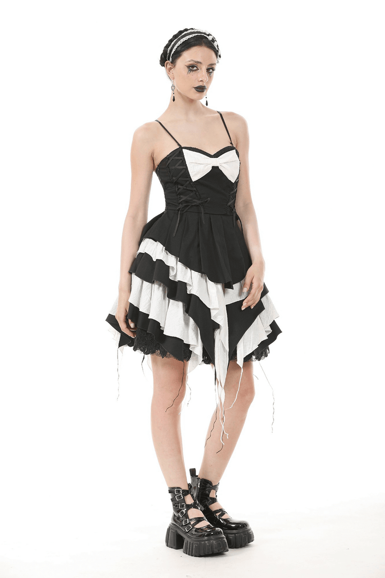 Black and White Ruffled Gothic Dress with Lace and Bow - image 13