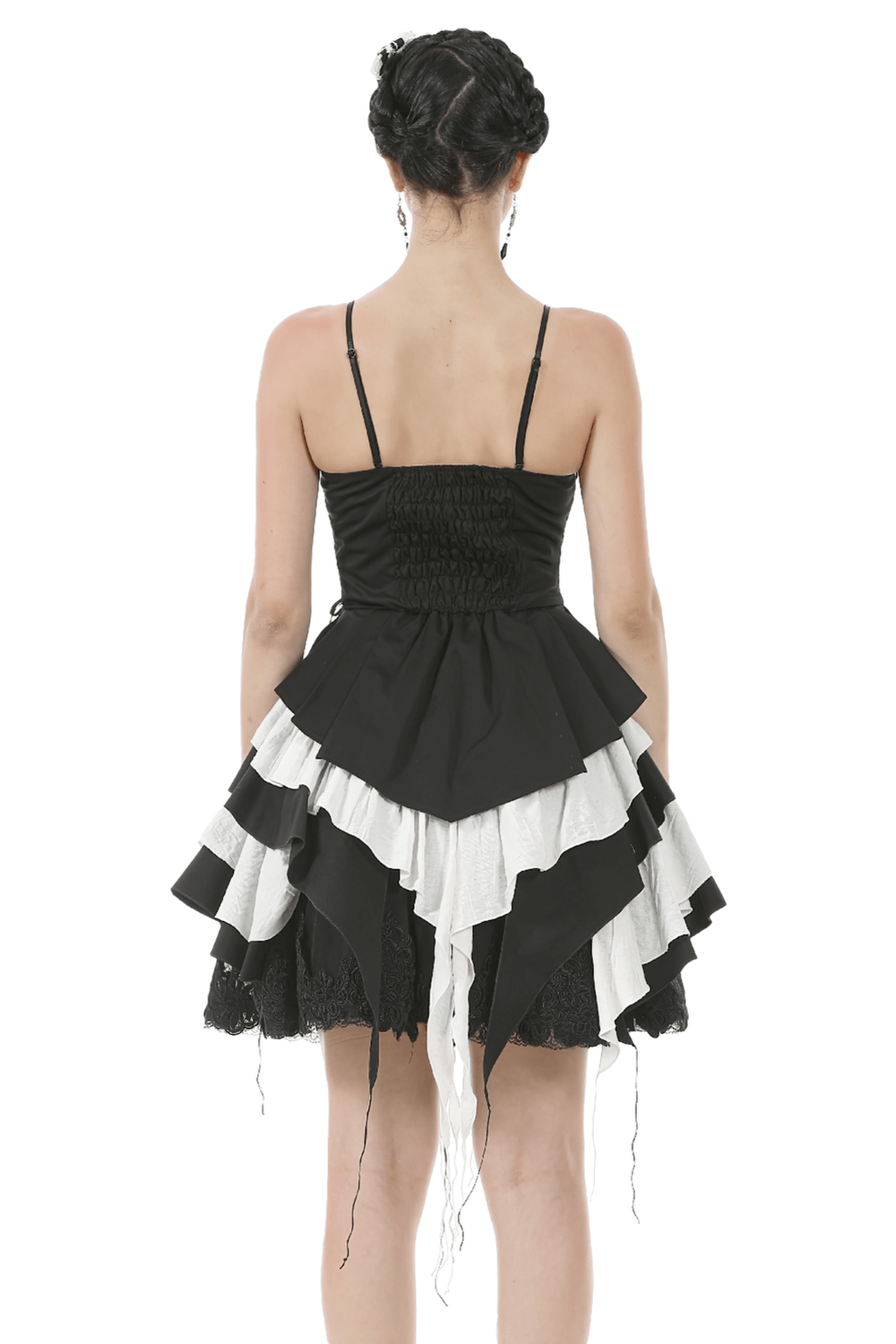 Black and White Ruffled Gothic Dress with Lace and Bow - image 2