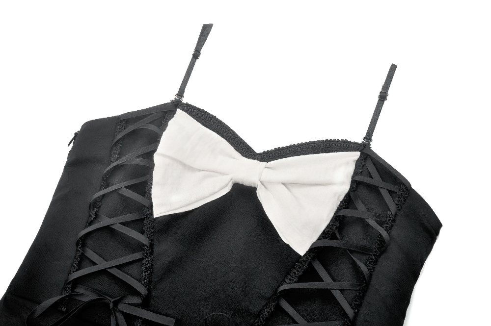Black and White Ruffled Gothic Dress with Lace and Bow - image 6