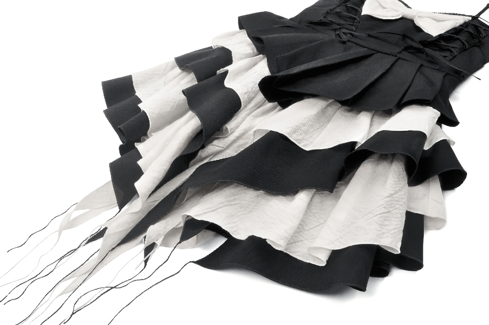 Black and White Ruffled Gothic Dress with Lace and Bow - image 7