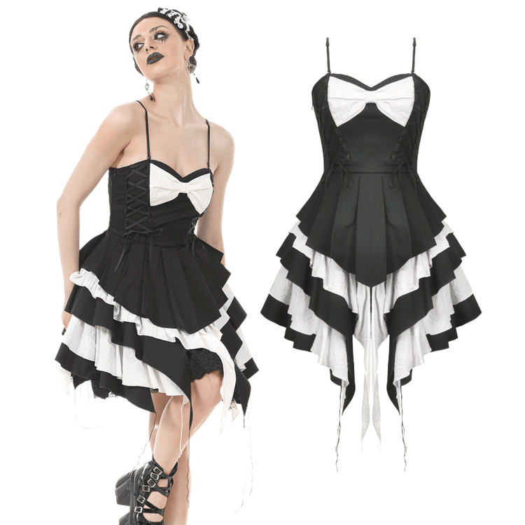 Black and White Ruffled Gothic Dress with Lace and Bow - image 3
