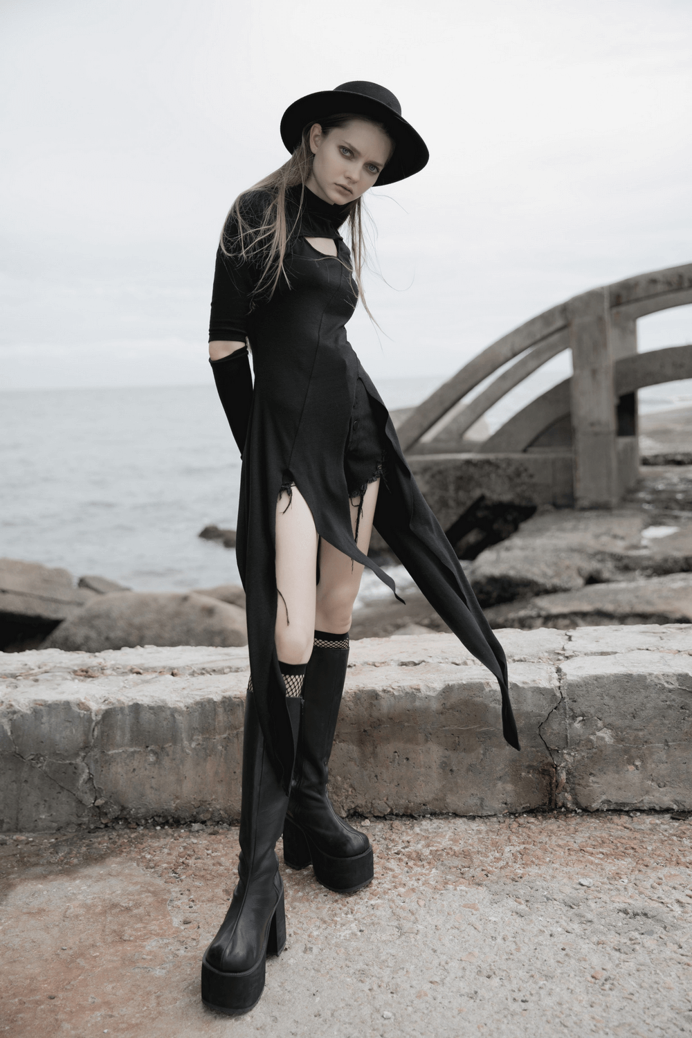 Black Asymmetric Knit Dress with Sleeve Cut-Outs - image 13