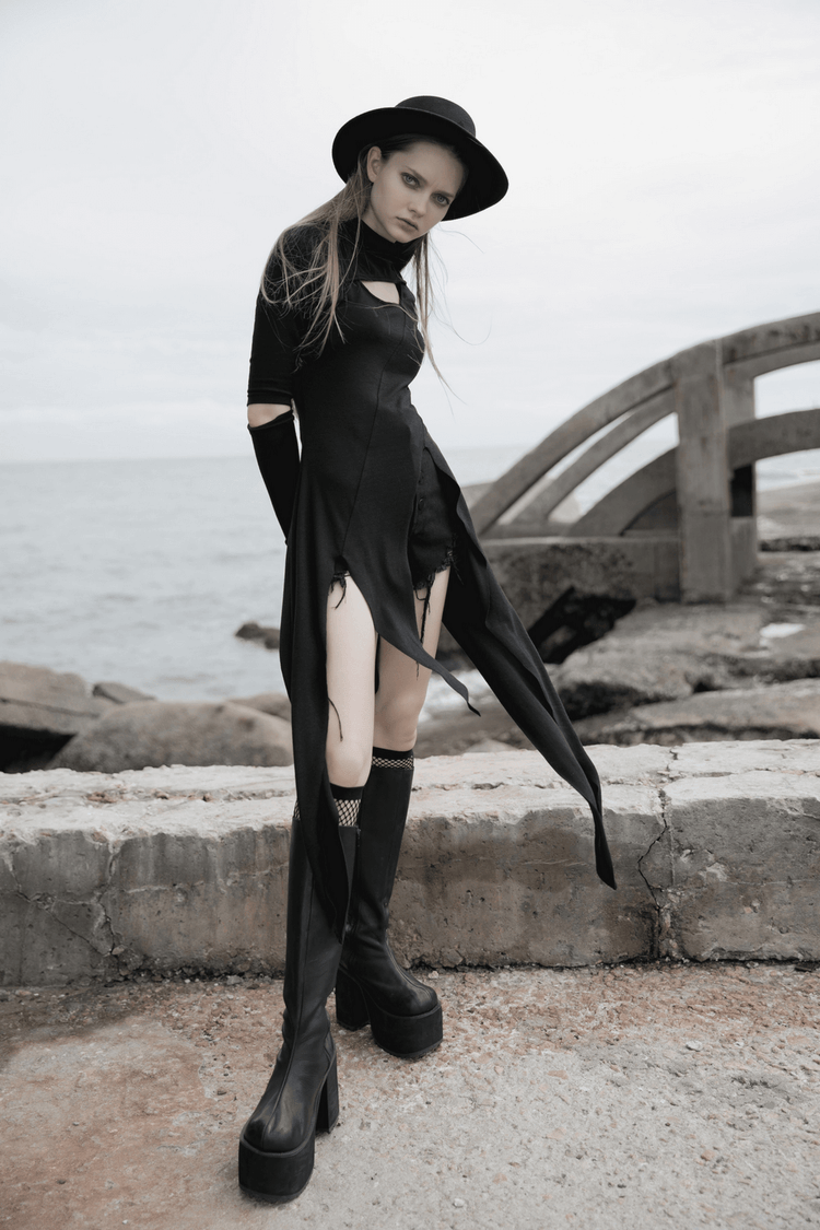 Black Asymmetric Knit Dress with Sleeve Cut-Outs - image 13