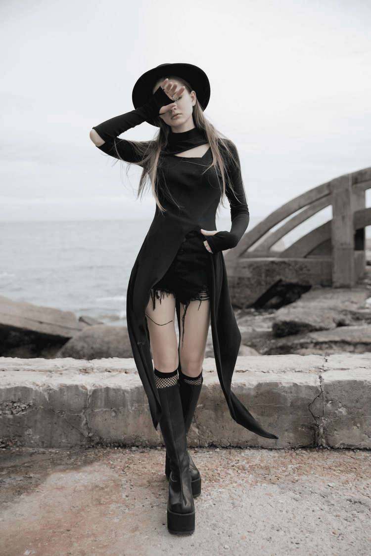 Black Asymmetric Knit Dress with Sleeve Cut-Outs - image 14