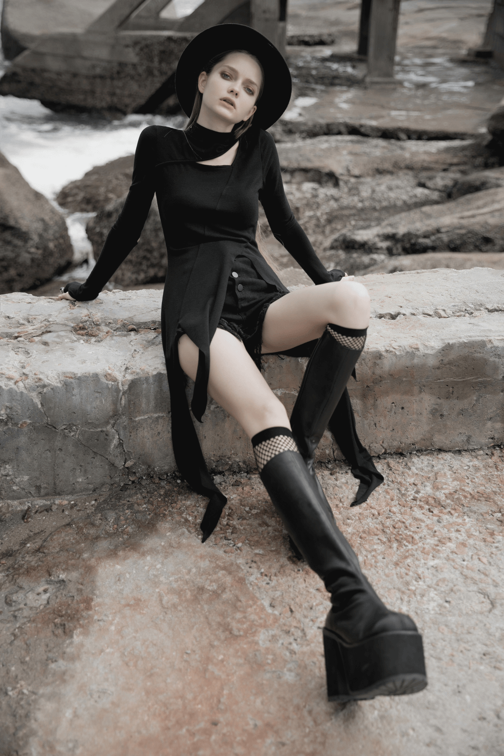 Black Asymmetric Knit Dress with Sleeve Cut-Outs - image 16