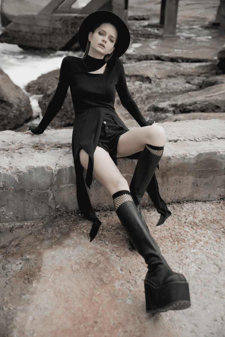 Black Asymmetric Knit Dress with Sleeve Cut-Outs - image 16