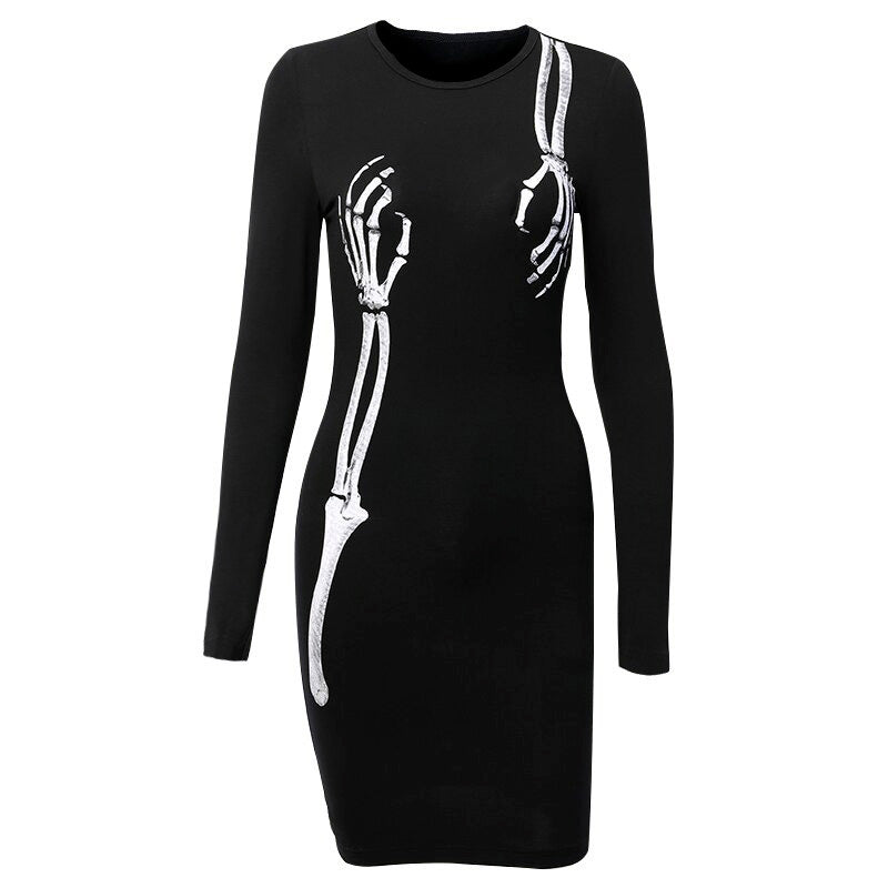 Black Bodycon Long Sleeve Dress / Women Gothic Streetwear Skull Print Mini Dress - image 2