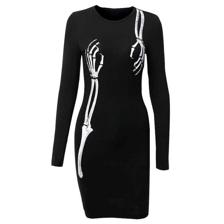 Black Bodycon Long Sleeve Dress / Women Gothic Streetwear Skull Print Mini Dress - image 2
