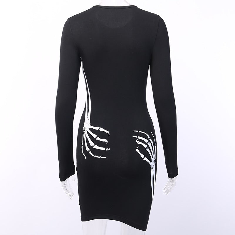 Black Bodycon Long Sleeve Dress / Women Gothic Streetwear Skull Print Mini Dress - image 5